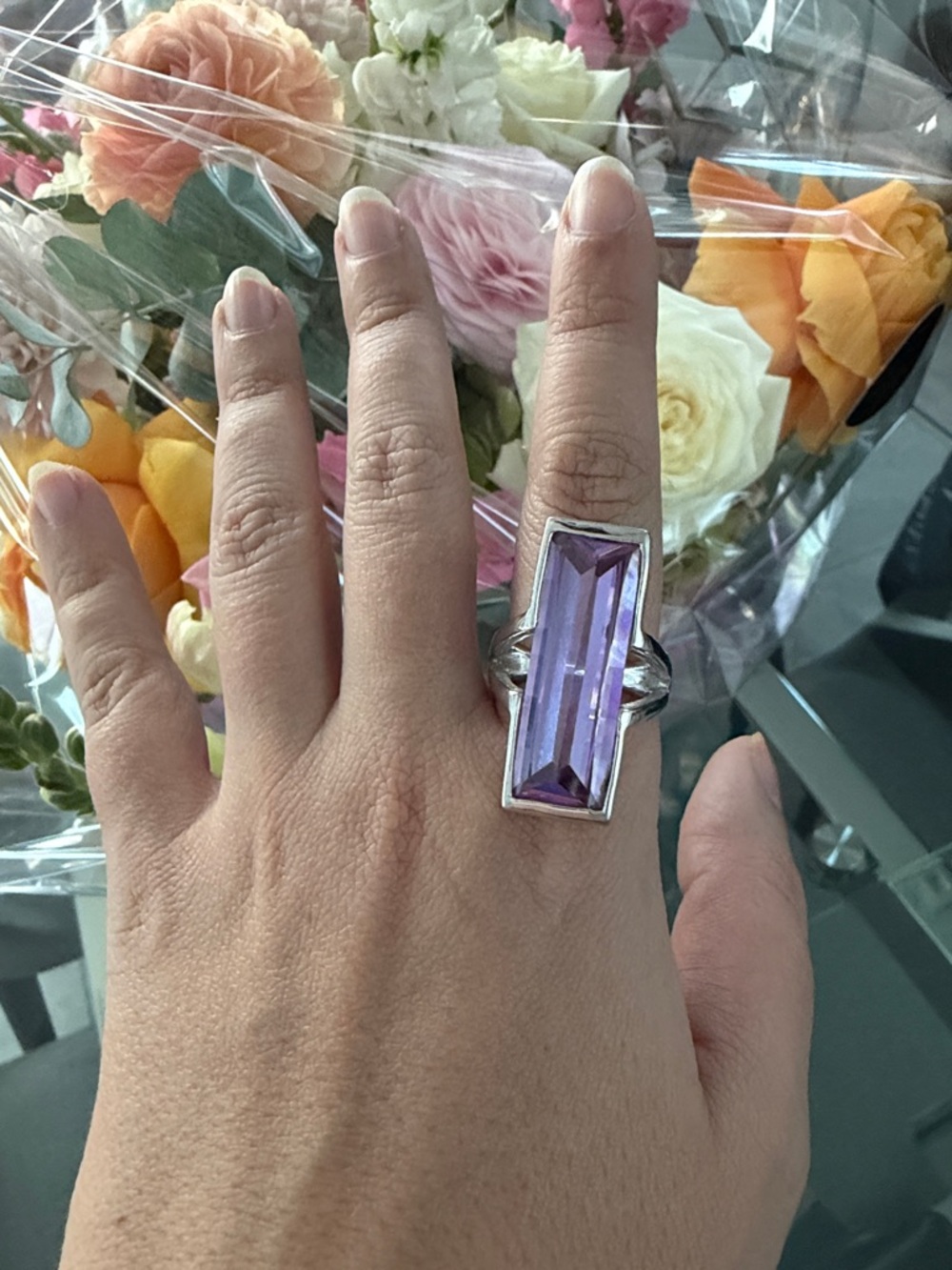 Sterling Silver Rectangular Amethyst-Color Statement Ring